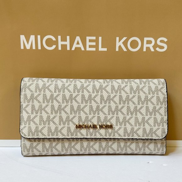 Michael Kors Jet Set Travel Large Trifold Wallet MK Signature Vanilla Brown - Picture 1 of 10